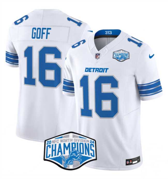 Men%27s Detroit Lions #16 Jared Goff White 2024 NFC North Champions F.U.S.E. Vapor Limited Stitched Jersey